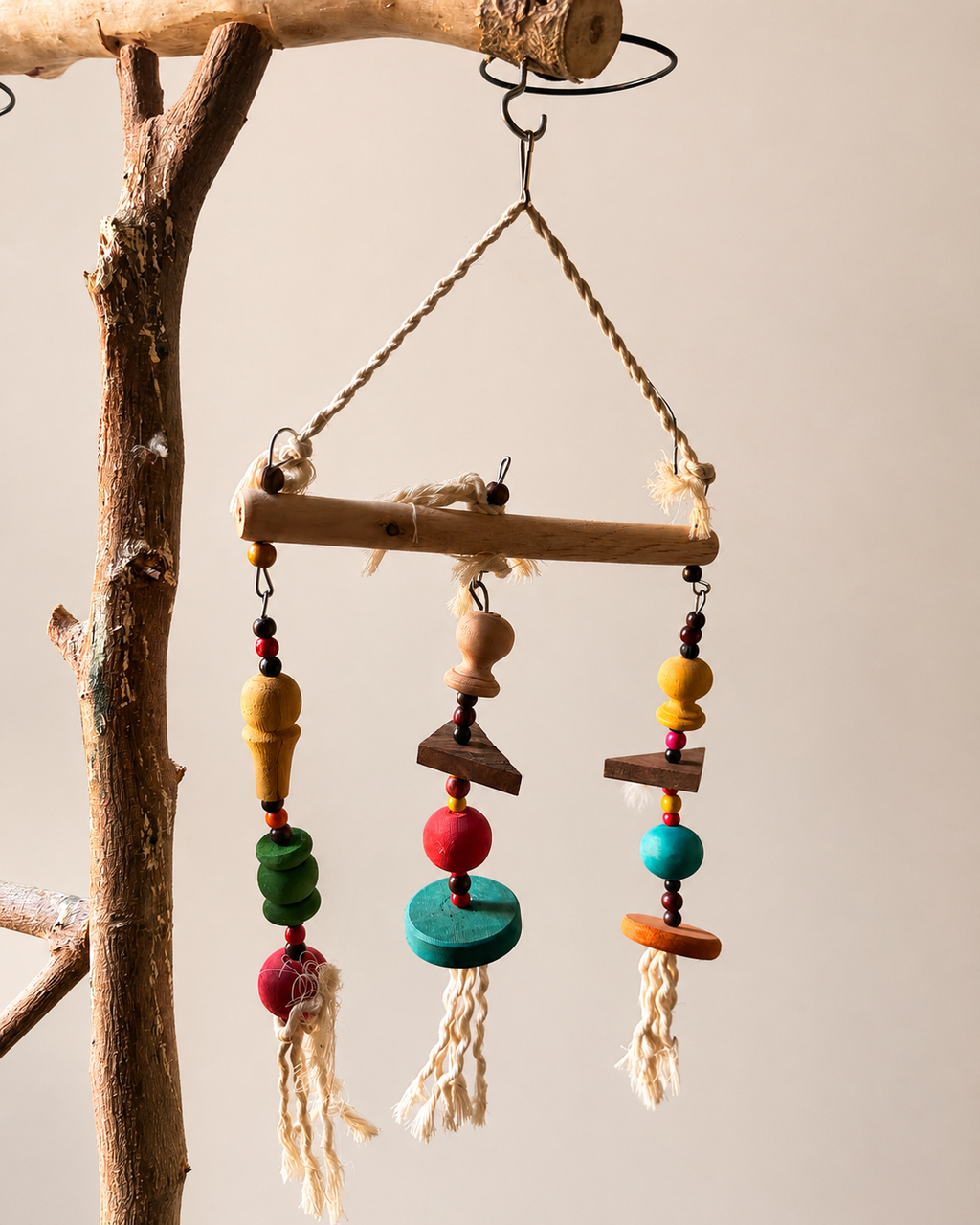 Colorful Hanging Wooden Bird Toy - Bead & Rope Shredder
