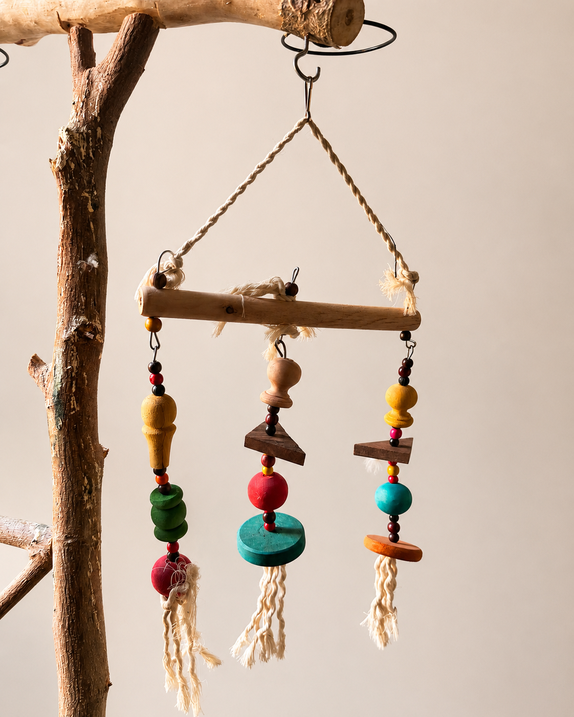 Colorful Hanging Wooden Bird Toy - Bead & Rope Shredder