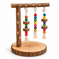 Natural wood parrot desk stand with hanging bead and rope toys – 40 × 40 cm