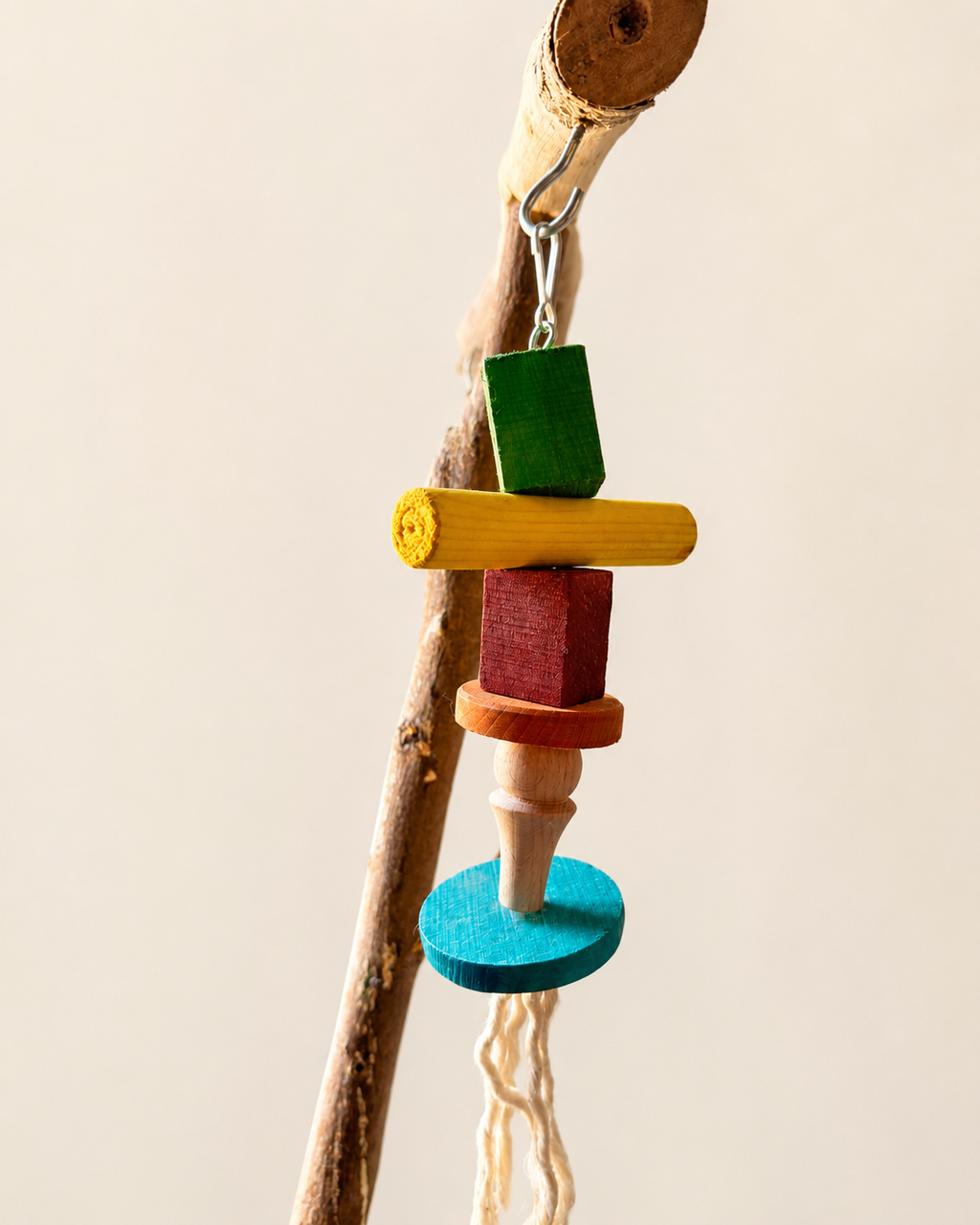 Vibrant Wooden Block & Rope Bird Toy - Natural Chew & Play