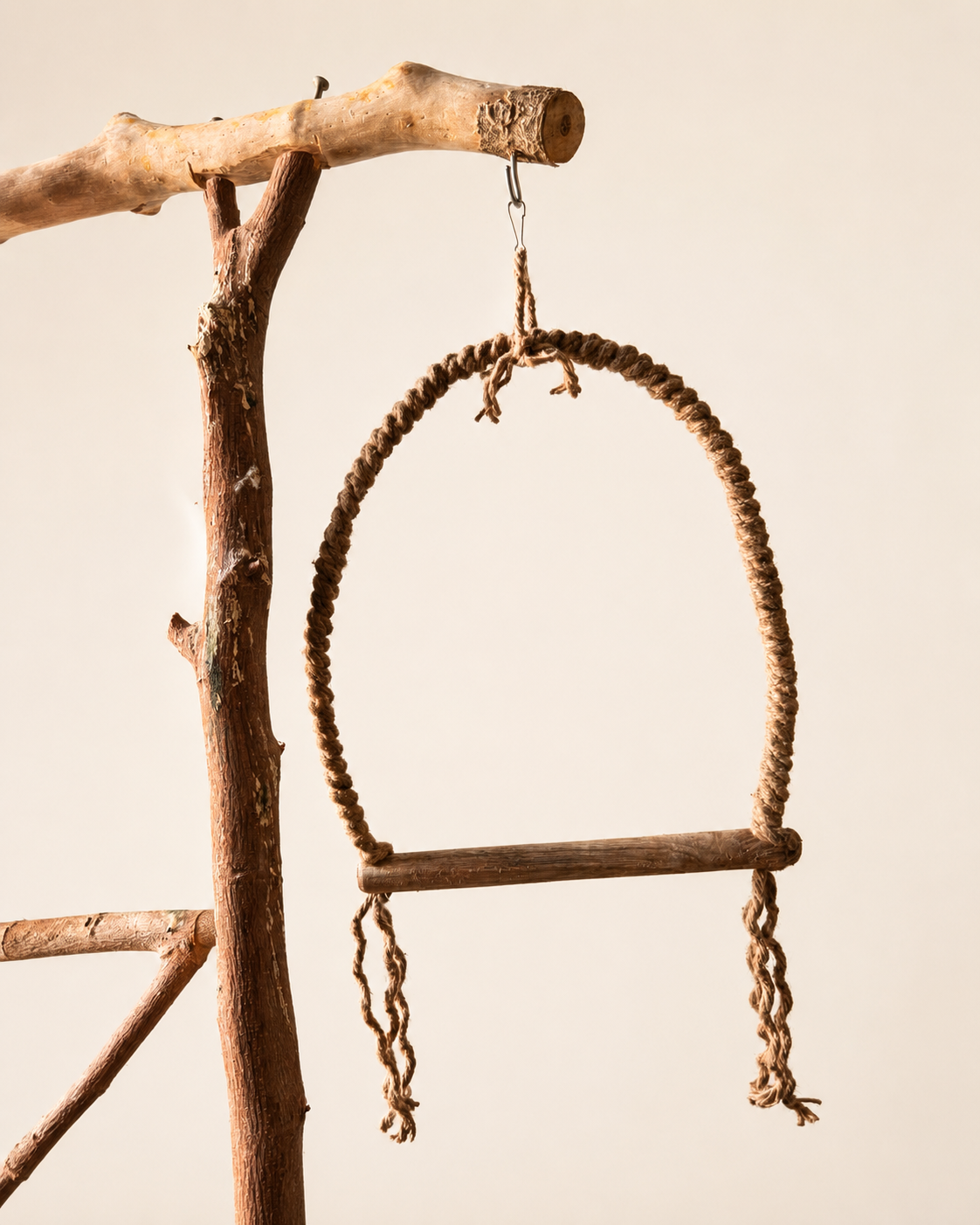 Natural Wood & Rope Bird Swing - Hanging Perch Toy
