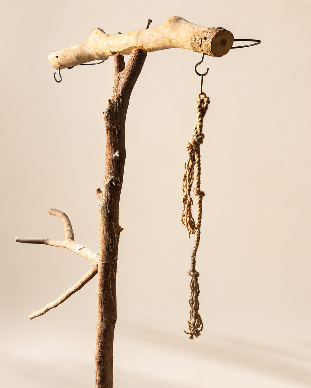 Handcrafted Natural Wood Bird Play Stand with Rope Toy