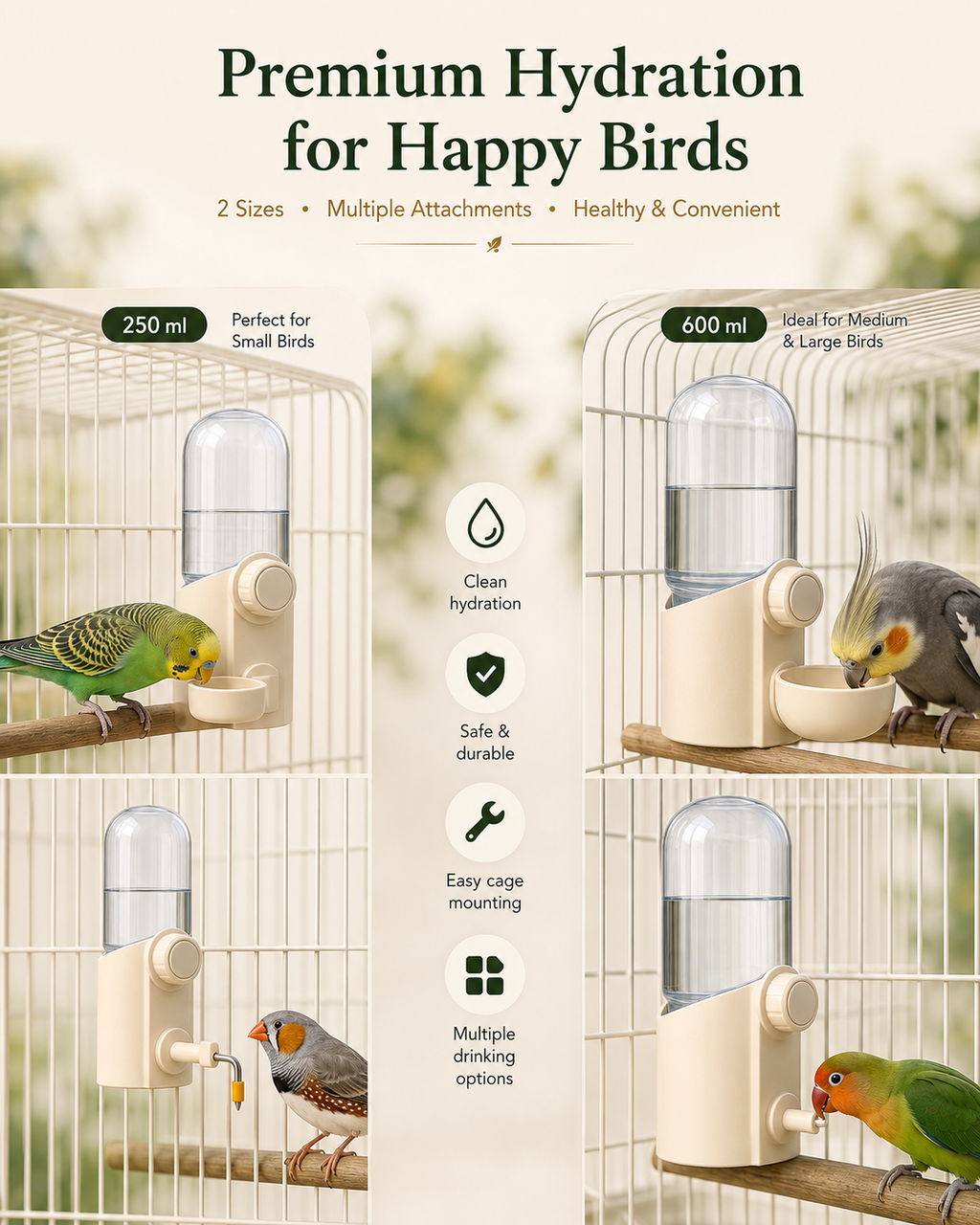 Large cage-mounted bird water dispenser attachment detail