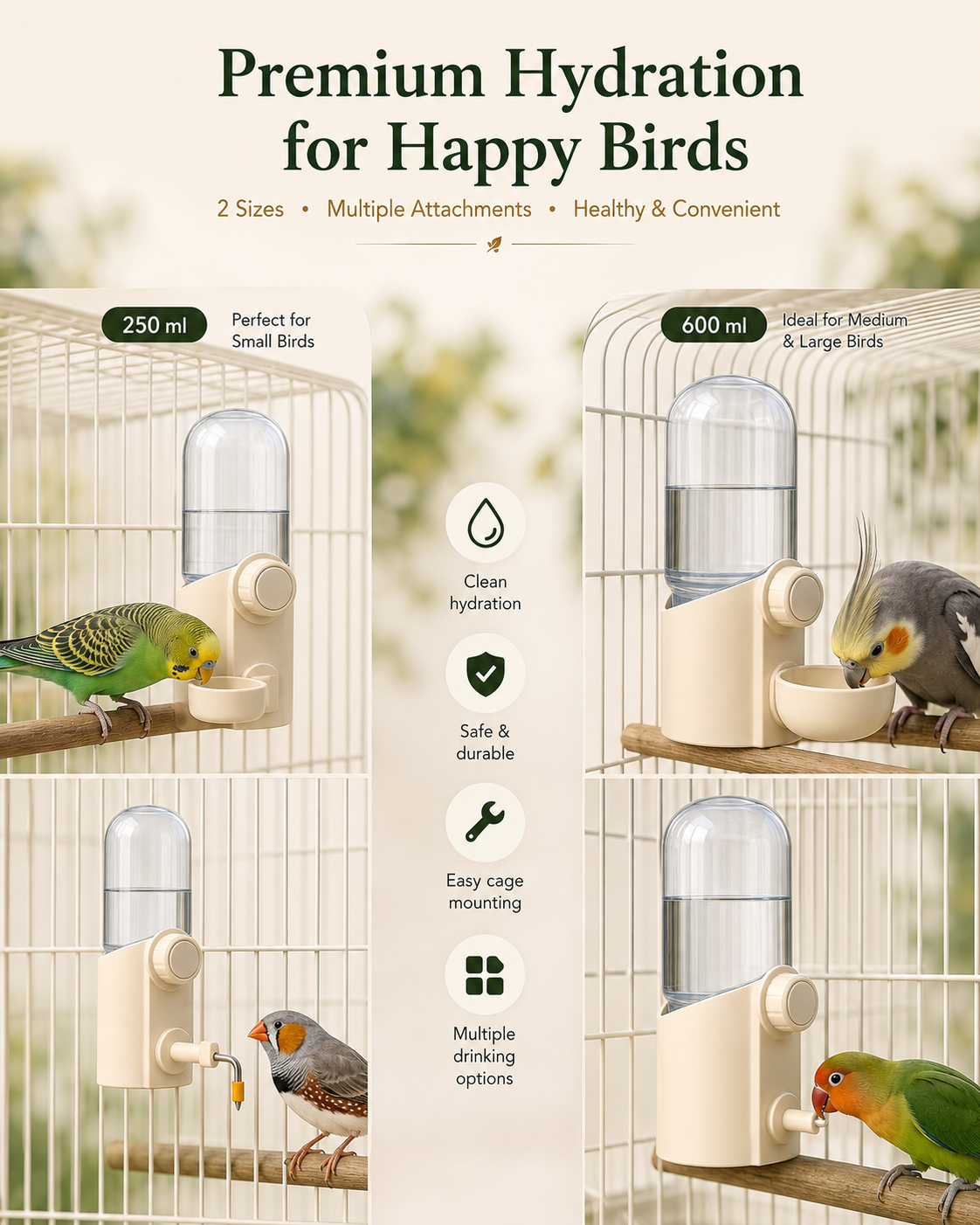 Large cage-mounted bird water dispenser attachment detail