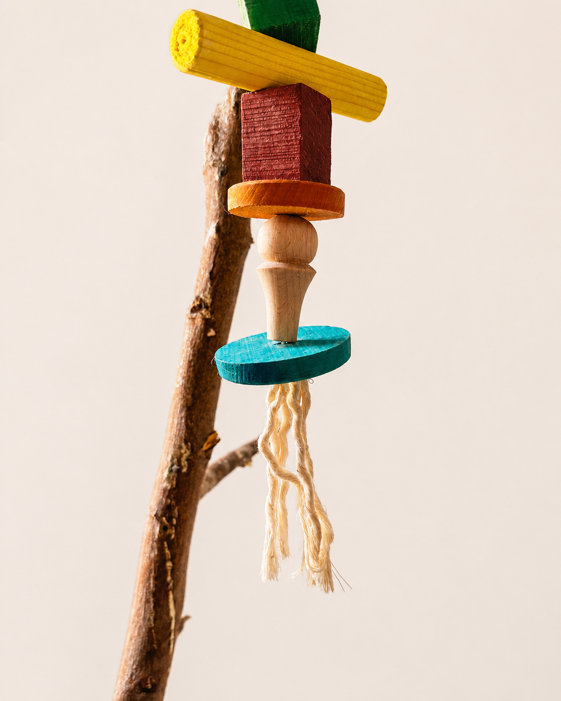 Vibrant Wooden Block & Rope Bird Toy - Natural Chew & Play