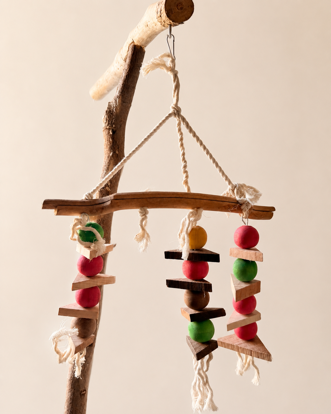 Premium Natural Wood & Rope Bird Toy - Colourful Bead & Wedge Shredder