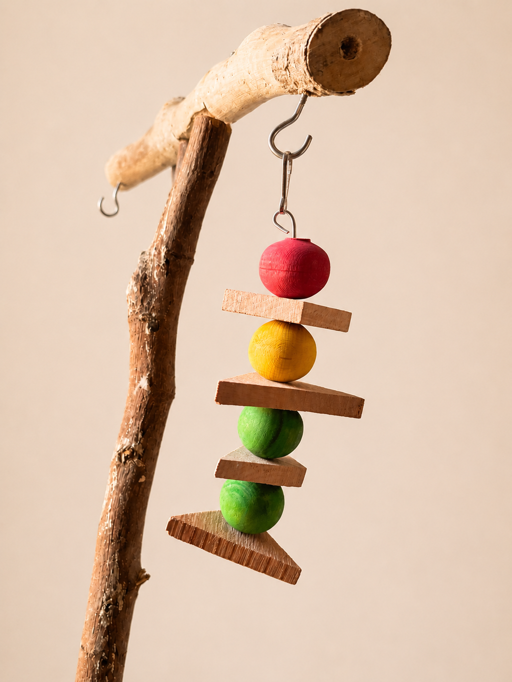 Natural Wooden Hanging Bird Toy - Colorful Chew & Play