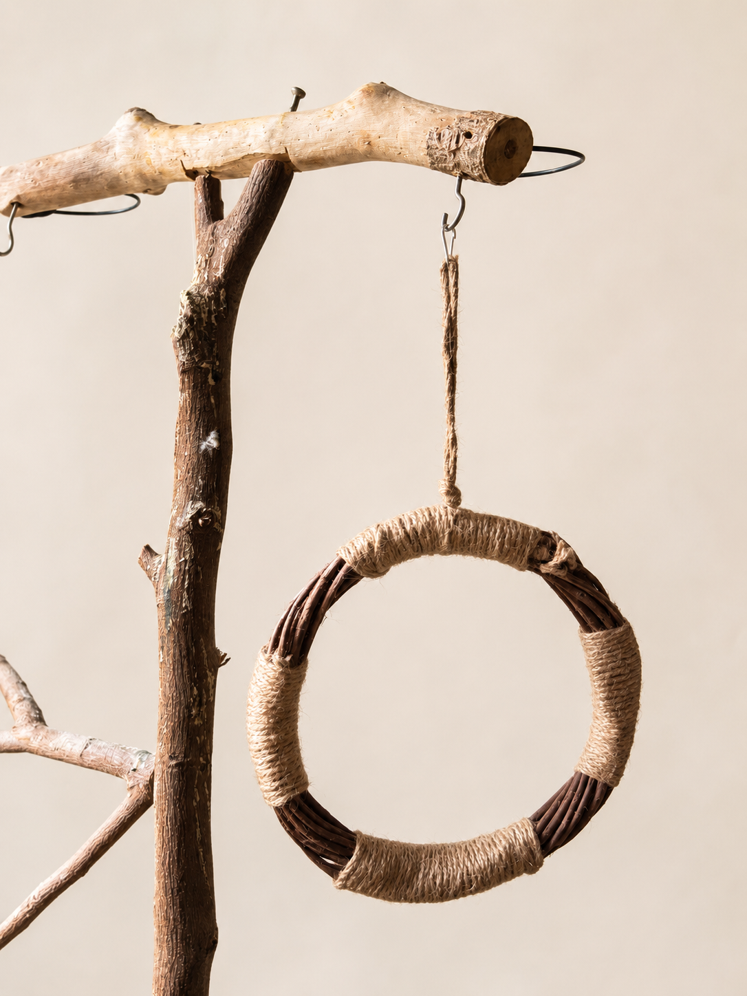 Natural Wood & Jute Bird Swing Ring - Perch & Chew Toy