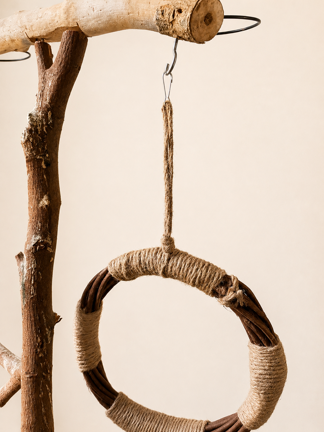 Natural Wood & Jute Bird Swing Ring - Perch & Chew Toy