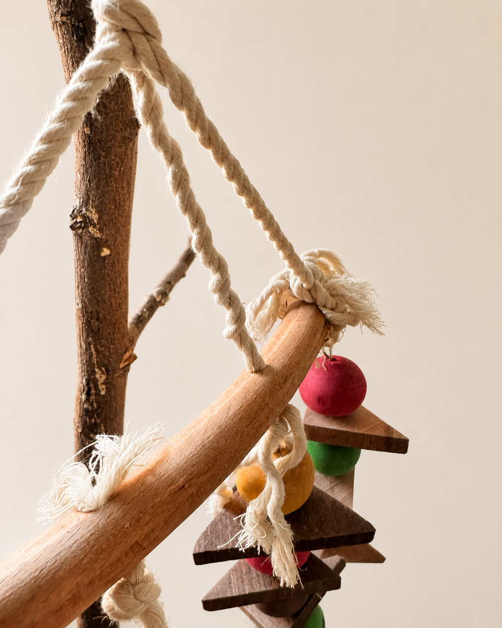 Premium Natural Wood & Rope Bird Toy - Colourful Bead & Wedge Shredder