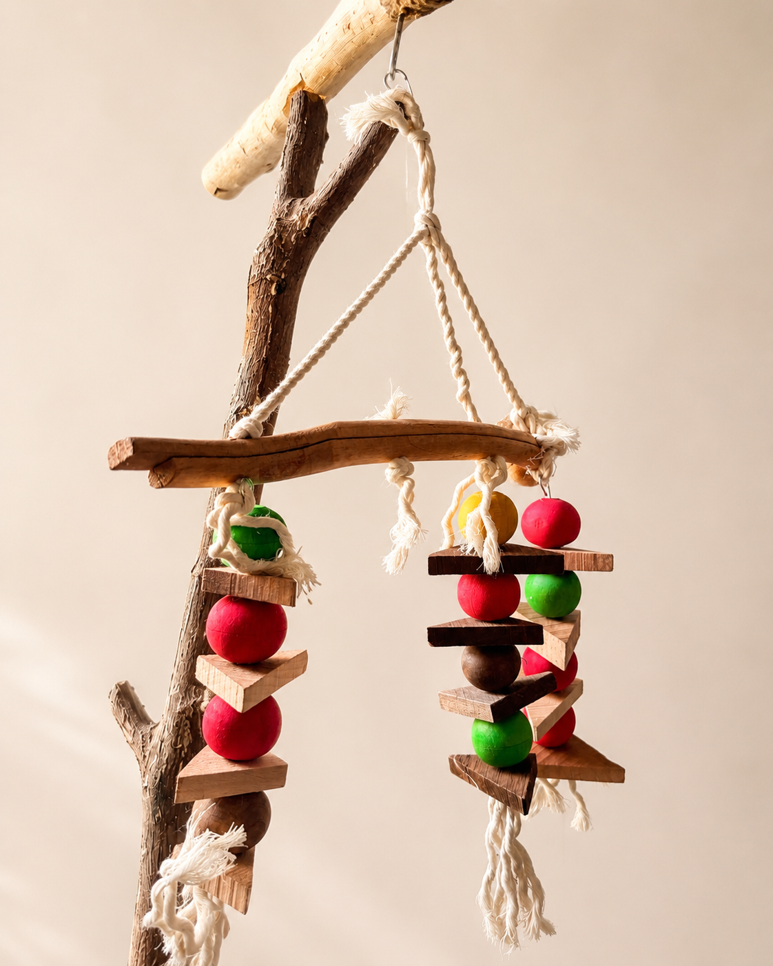 Premium Natural Wood & Rope Bird Toy - Colourful Bead & Wedge Shredder