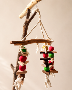 Premium Natural Wood & Rope Bird Toy - Colourful Bead & Wedge Shredder