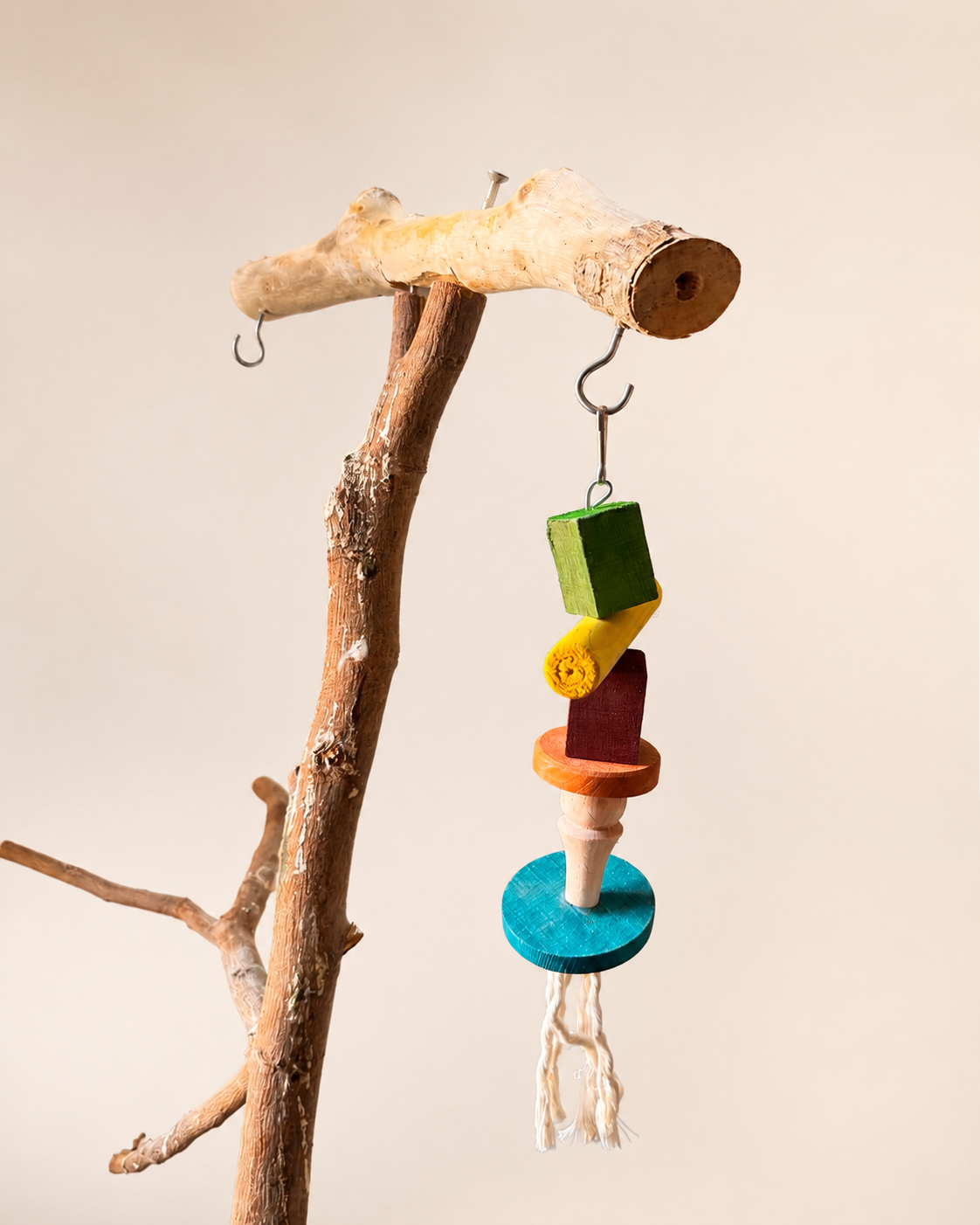 Vibrant Wooden Block & Rope Bird Toy - Natural Chew & Play