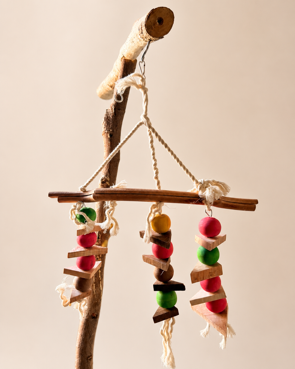 Premium Natural Wood & Rope Bird Toy - Colourful Bead & Wedge Shredder
