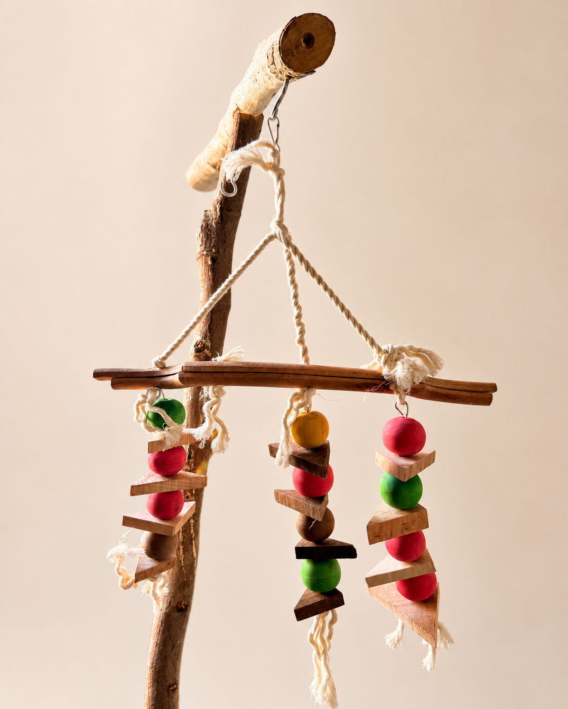 Premium Natural Wood & Rope Bird Toy - Colourful Bead & Wedge Shredder