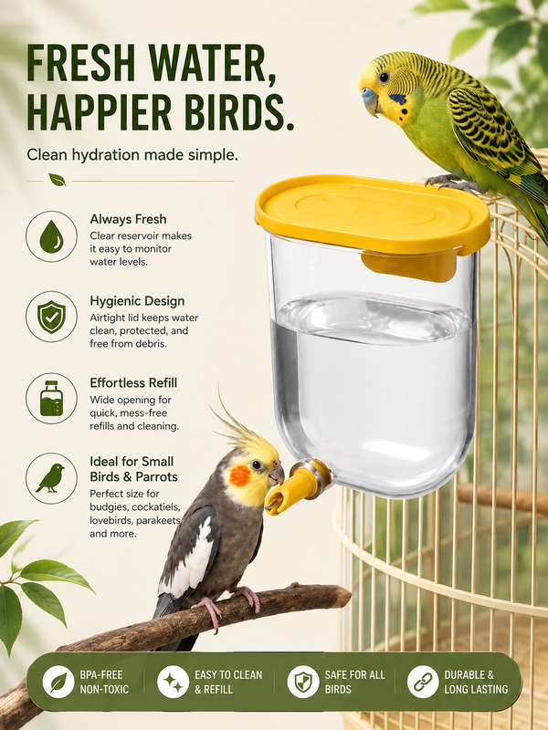 Yellow-lid bird water dispenser installed on a cage