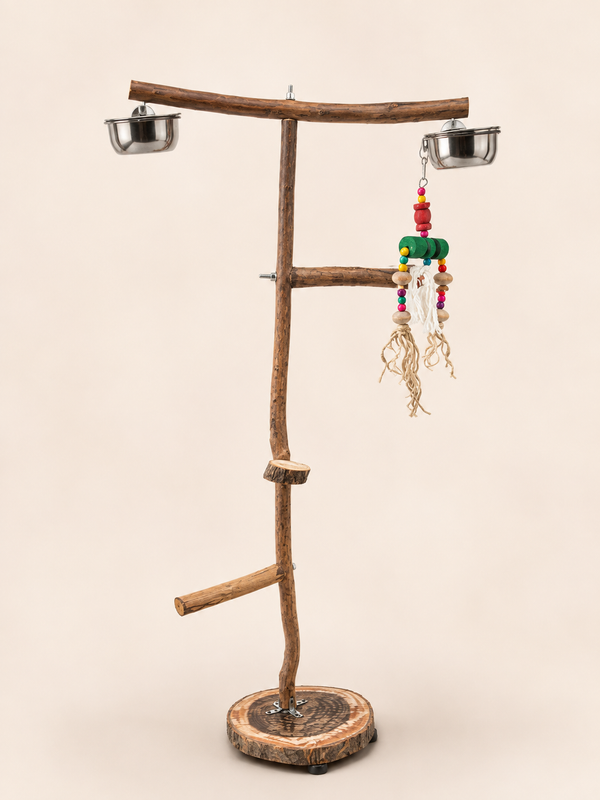 Large Natural Wood Parrot Play & Feeding Stand – 120–140 cm