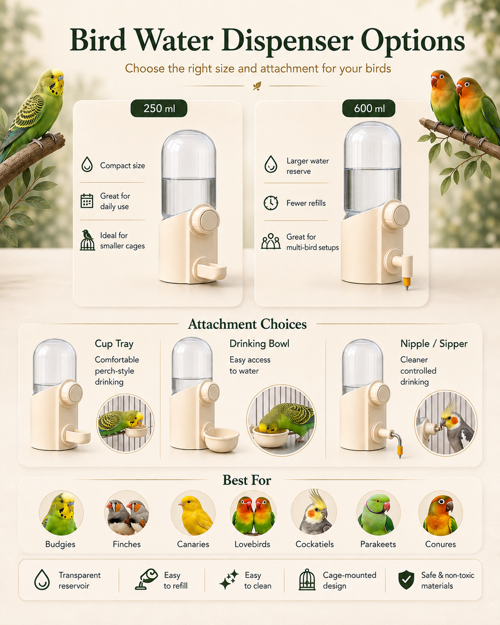 600ml large parrot water dispenser with bowl and dropper attachments