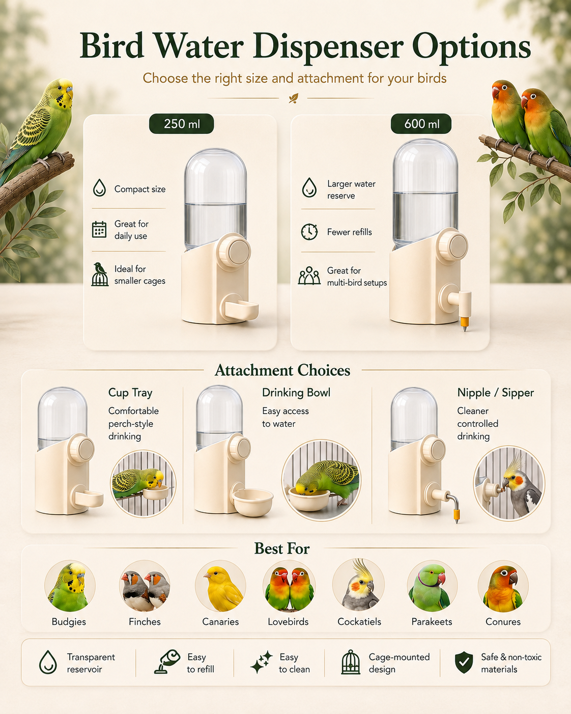 Bird water dispenser for African greys and Alexandrine parakeets