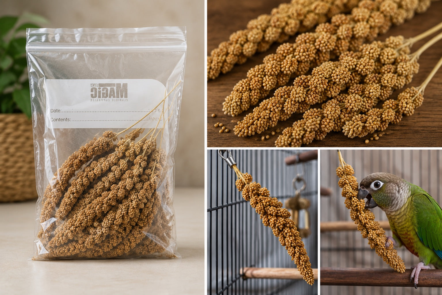 Natural millet spray seed clusters for parrots and small pet birds