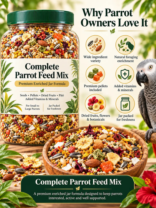 Premium complete parrot feed mix with seeds, pellets, dried fruit and pâté