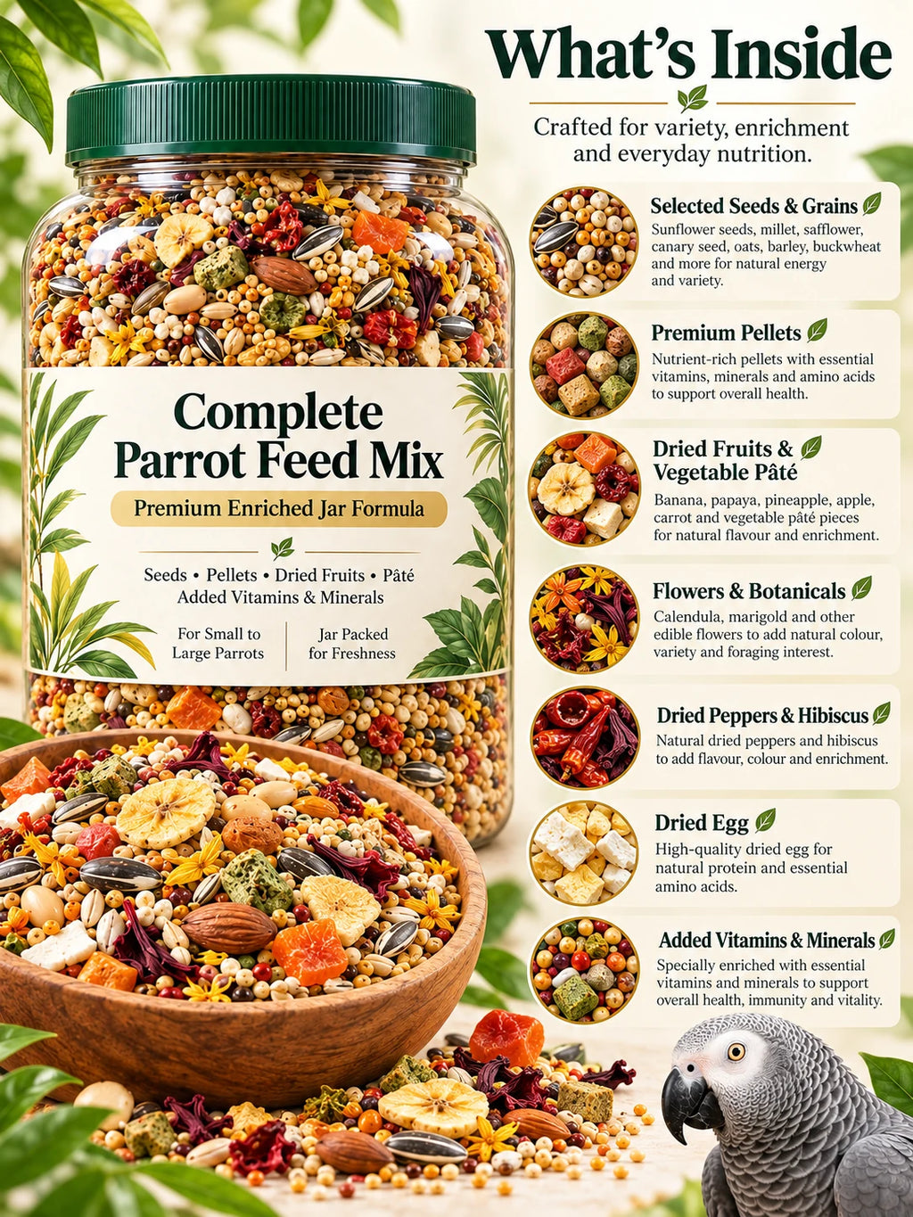 Complete parrot food ingredients including seeds, pellets, fruit, botanicals and vitamins
