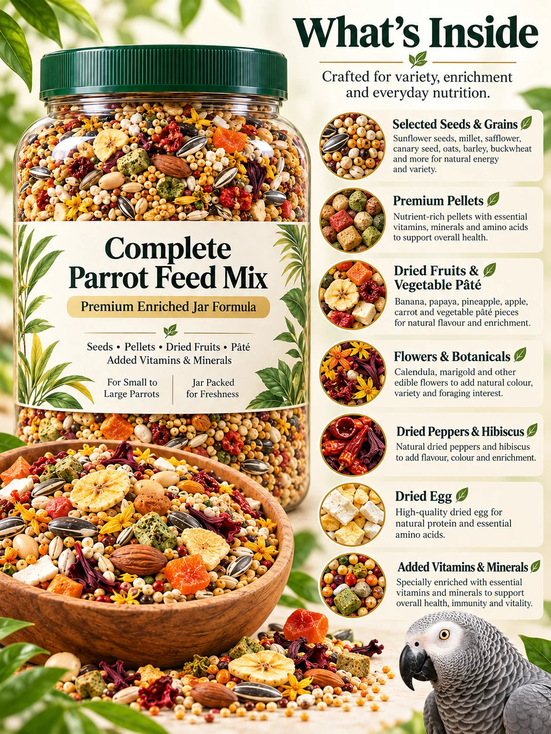 Complete parrot food ingredients including seeds, pellets, fruit, botanicals and vitamins