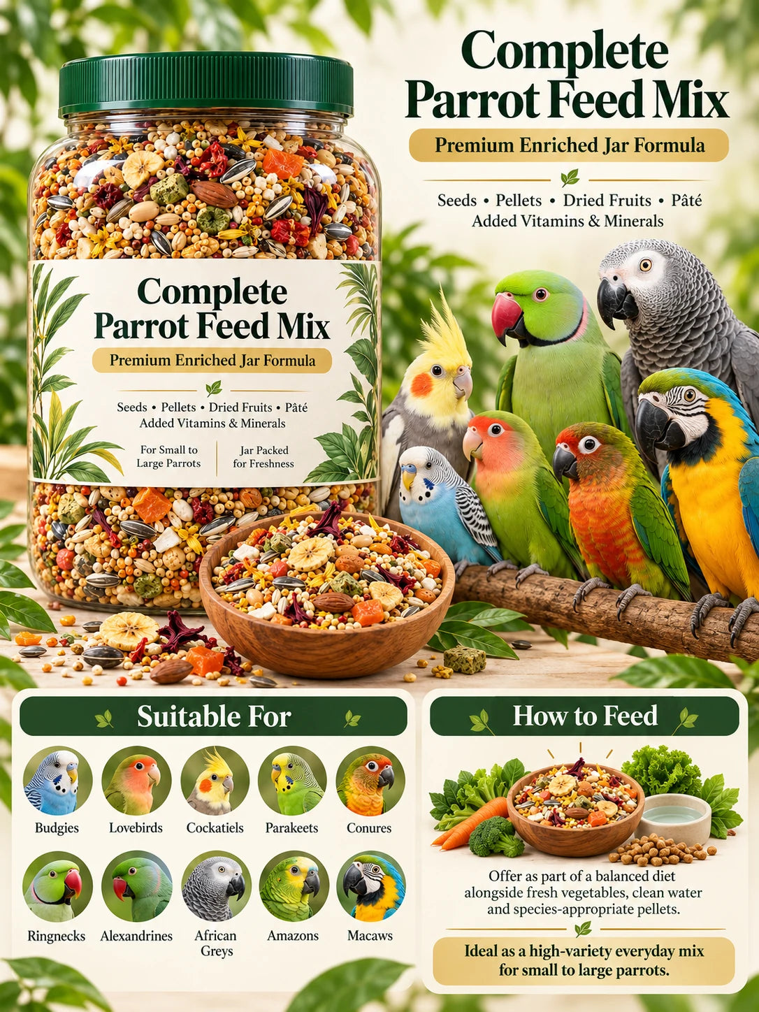 Complete parrot feed mix for budgies, cockatiels, ringnecks, African greys and macaws
