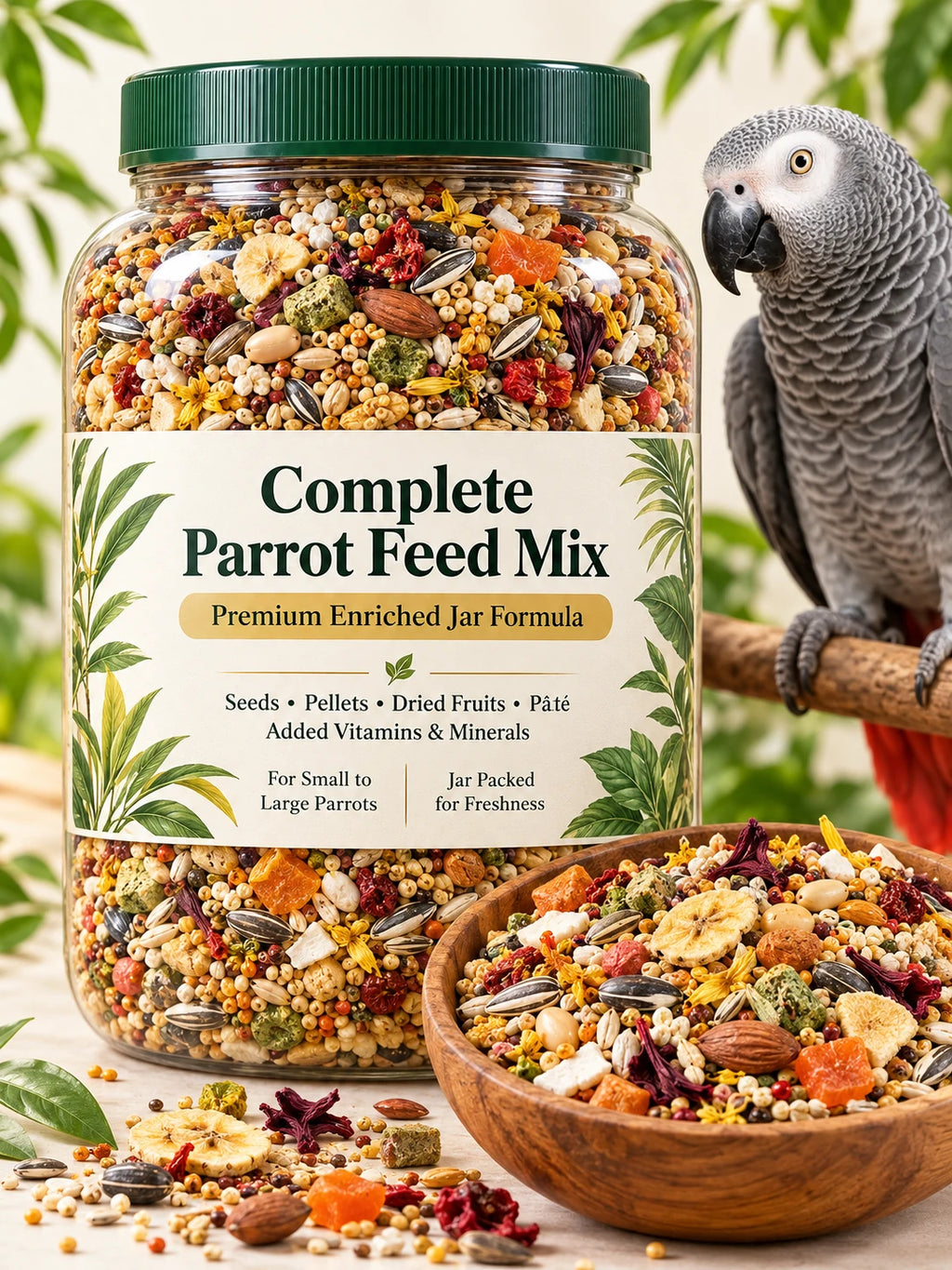 Premium enriched complete parrot feed mix in resealable jar