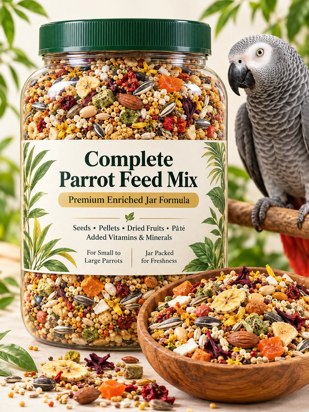 Premium enriched complete parrot feed mix in resealable jar
