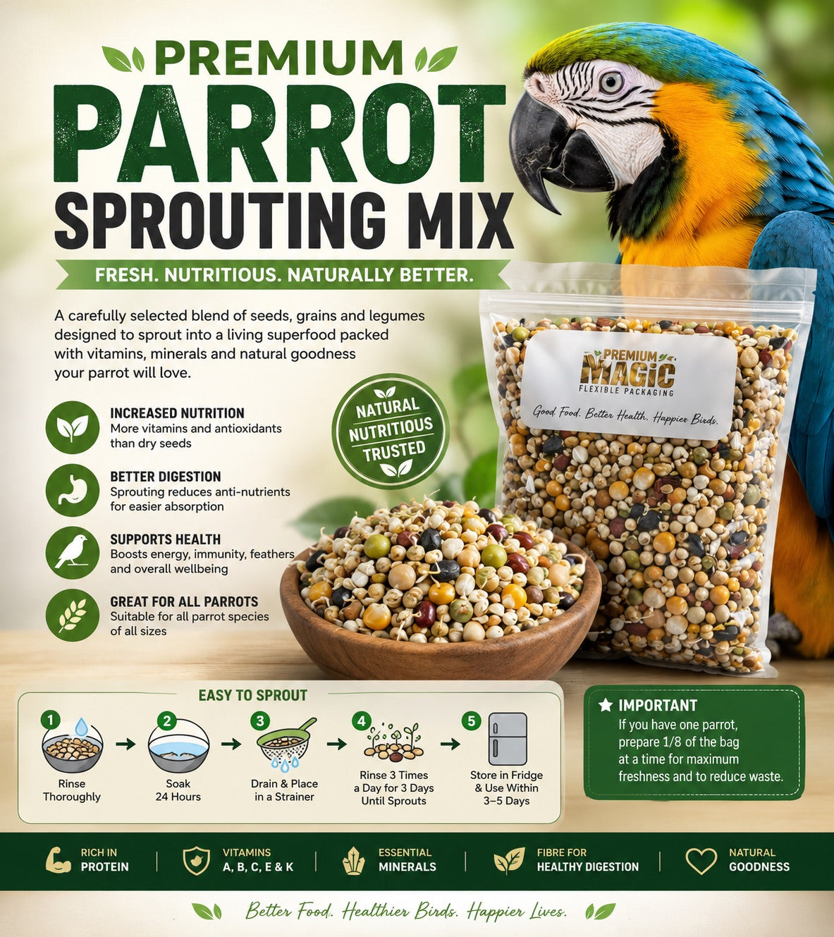 Premium parrot sprouting mix of seeds grains and legumes with sprouting instructions