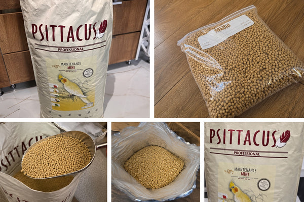 Psittacus Professional Maintenance Mini pellets and repacked bird-food bag